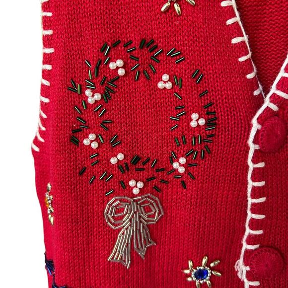Victoria Jones Women's Beaded + Knit Red Christmas Vest Size Medium - Picture 5 of 12
